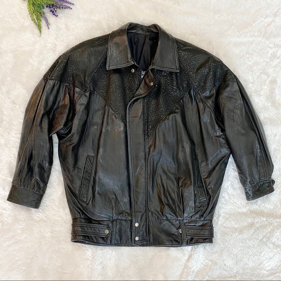 VINTAGE 80s Etched Black Leather Jacket - Picture 2 of 7